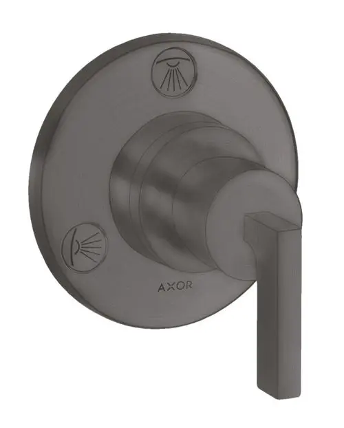 Unterputzventil mit Hebelgriff in brushed black chrome von AXOR, mit zwei Symbolen für Wasserstrahlsteuerung auf rundem Plattenkörper.